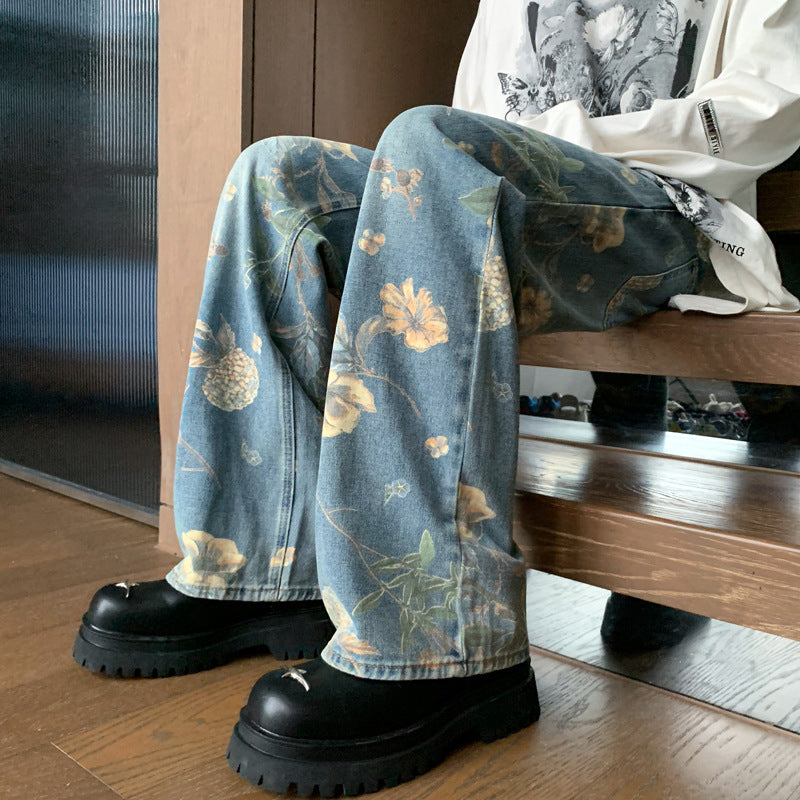 Men's Printed Floral Wide-Leg Washed Jeans Straight Pants with Vintage Denim Finish
