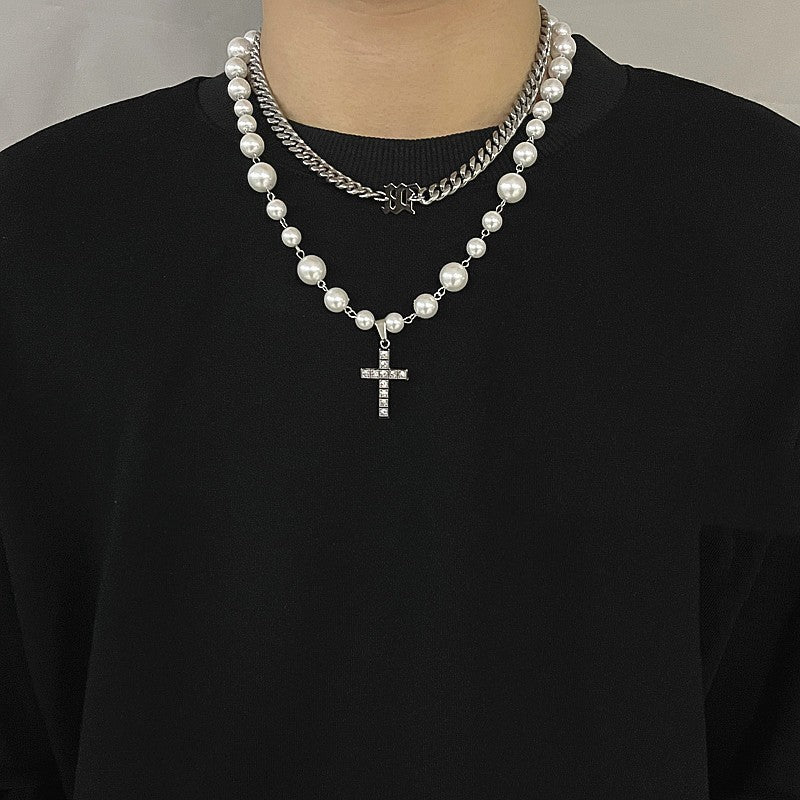 Diamond Cross Pearl Pendant