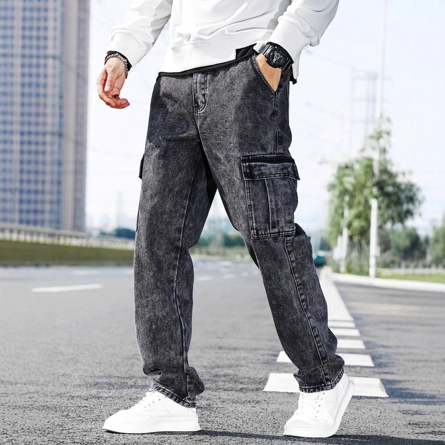 Washed Utility Cargo Jeans