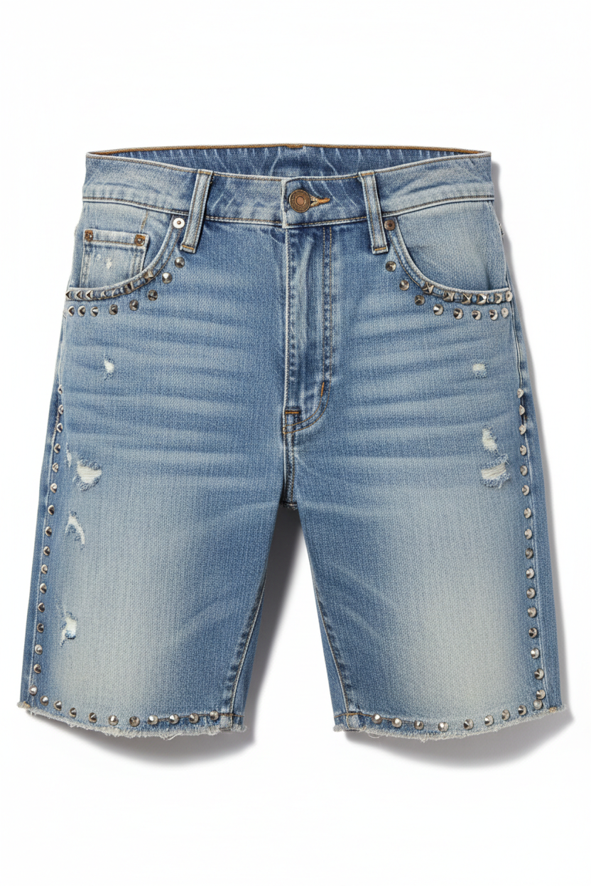 Studded Denim Shorts - Front View