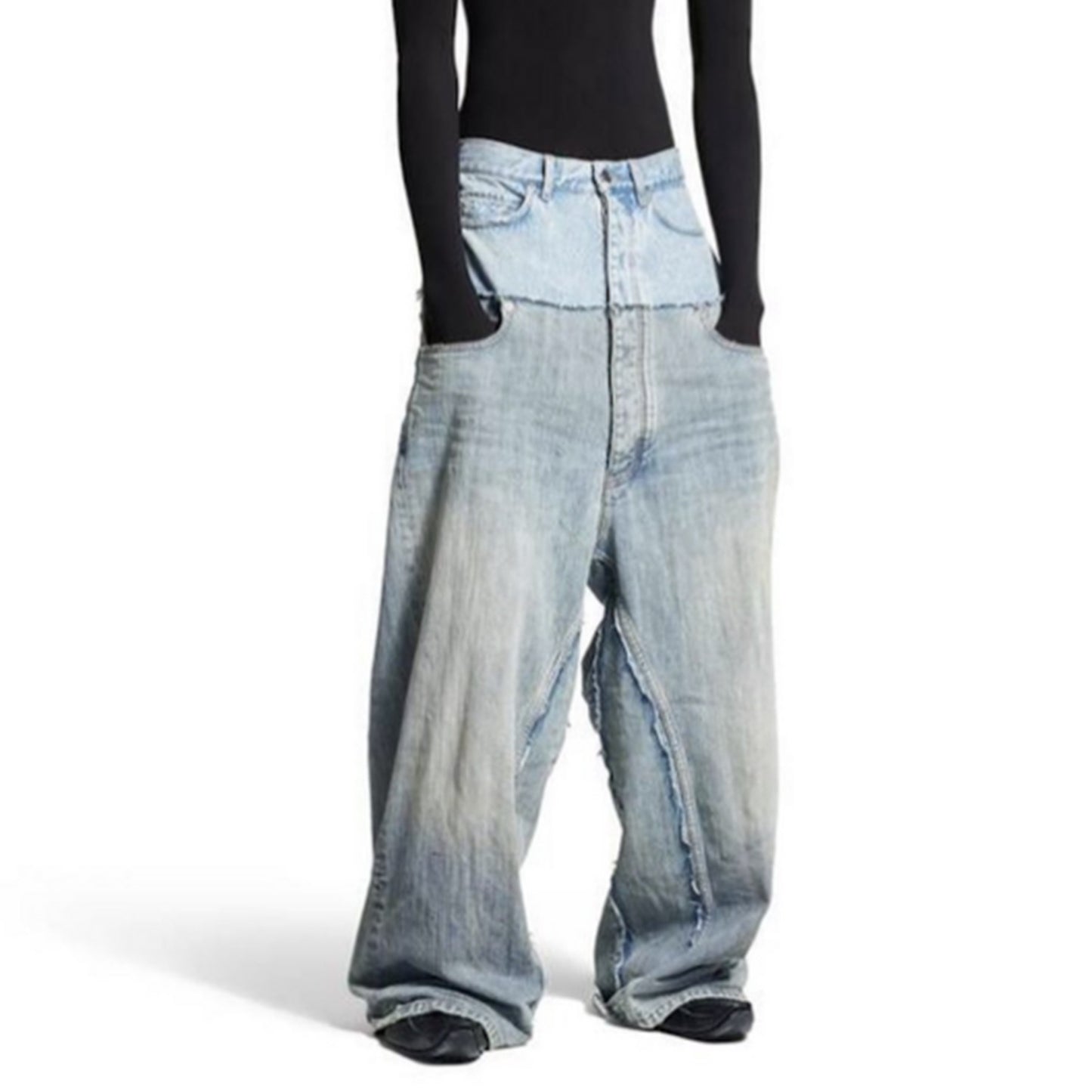 Distressed Long Pants Unisex Patchwork Jeans featuring a unique oversized design in faded blue denim.