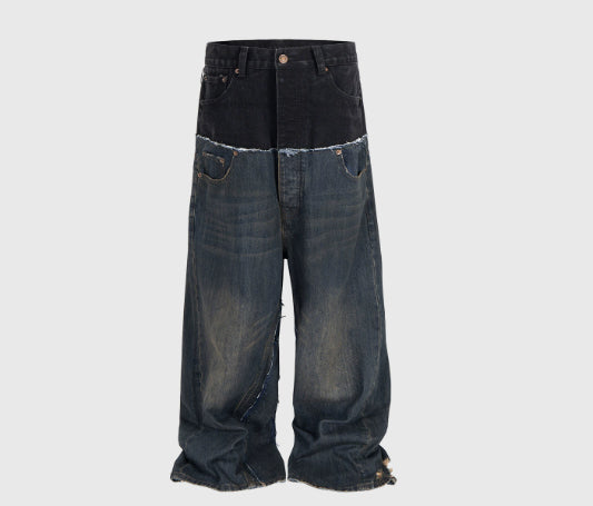 Distressed Long Pants Unisex Patchwork Jeans in black and blue denim with a unique design.