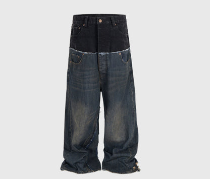 Distressed Long Pants Unisex Patchwork Jeans in black and blue denim with a unique design.