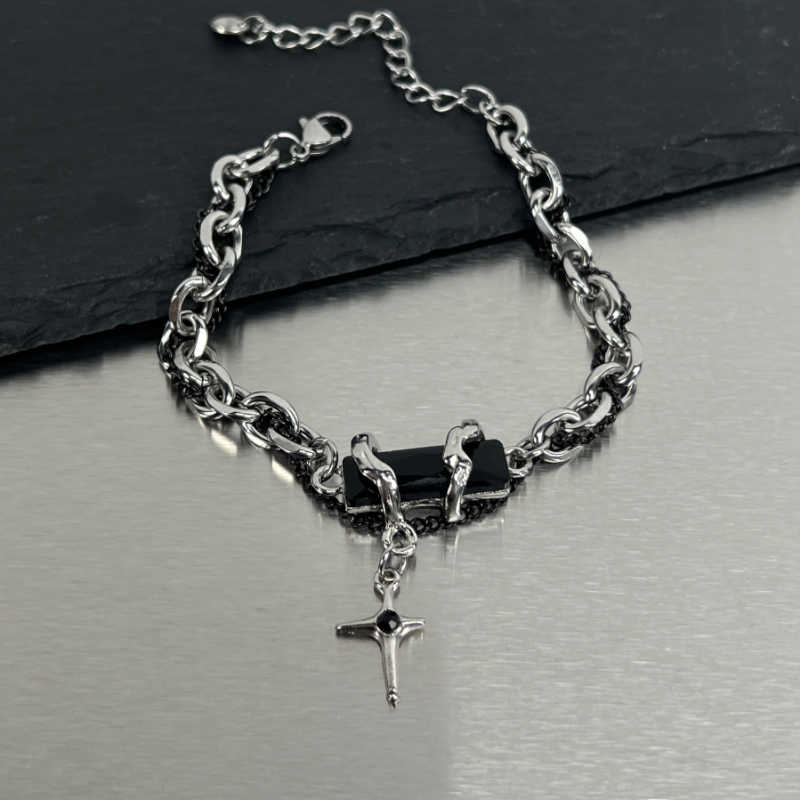 Onyx Cross Charm Bracelet