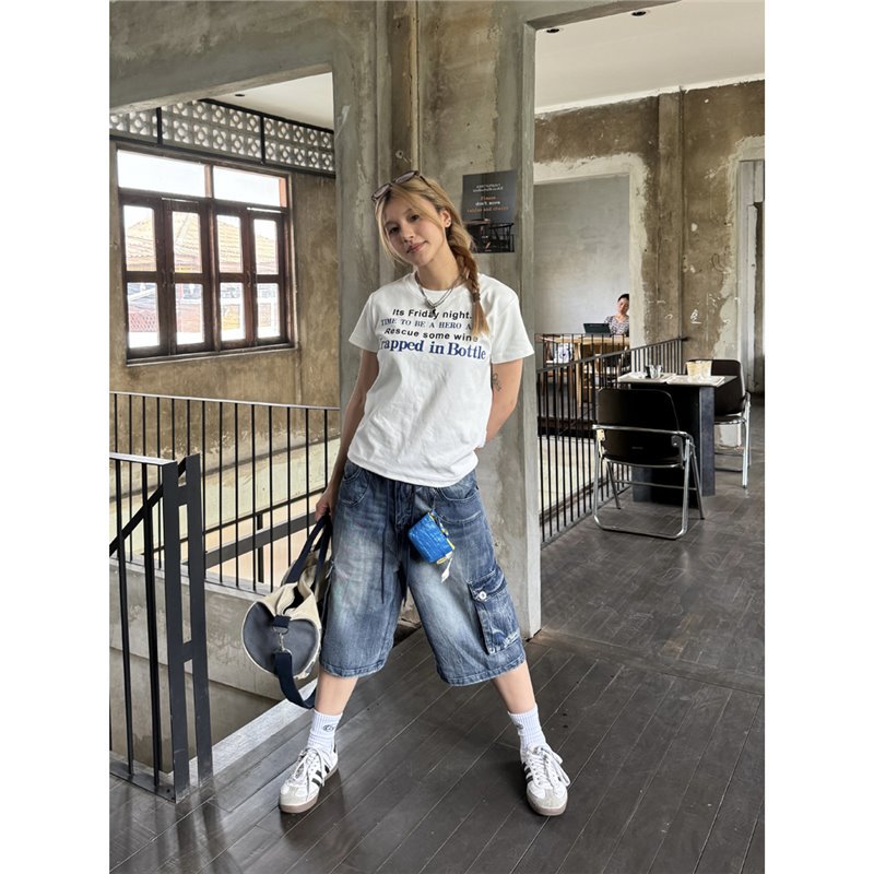 Washed Loose-Fit Denim Capri Shorts