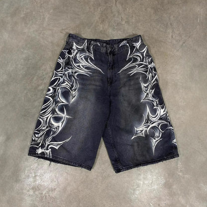 Retro Gothic Printed Denim Shorts