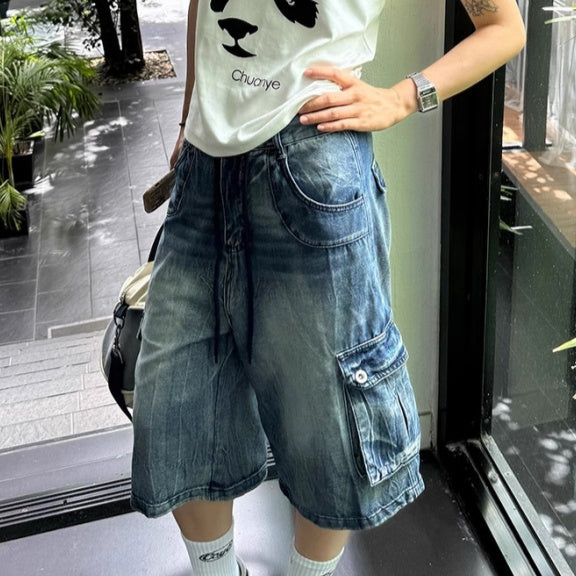 Washed Loose-Fit Denim Capri Shorts