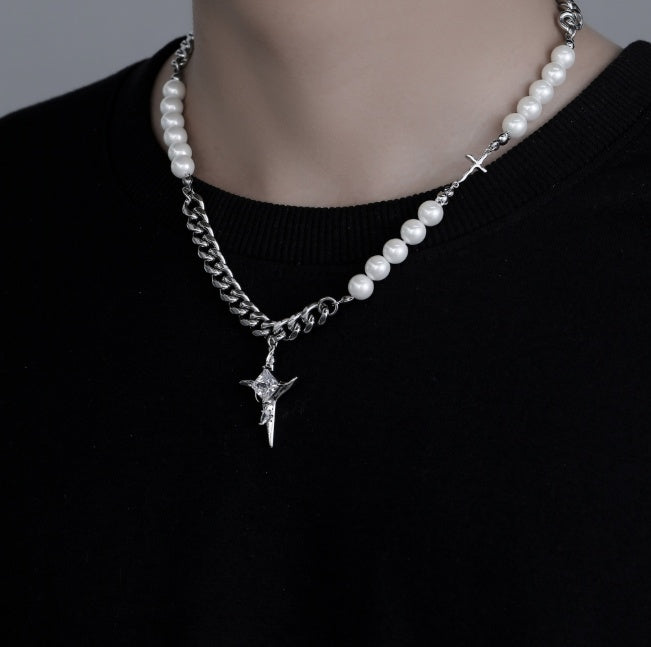 Novien Titanium Steel Pearl Cross Necklace