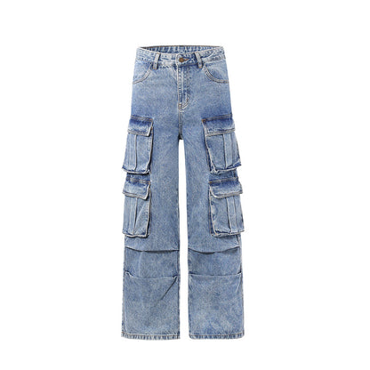 Retro Washed Multi-Pocket Cargo Jeans