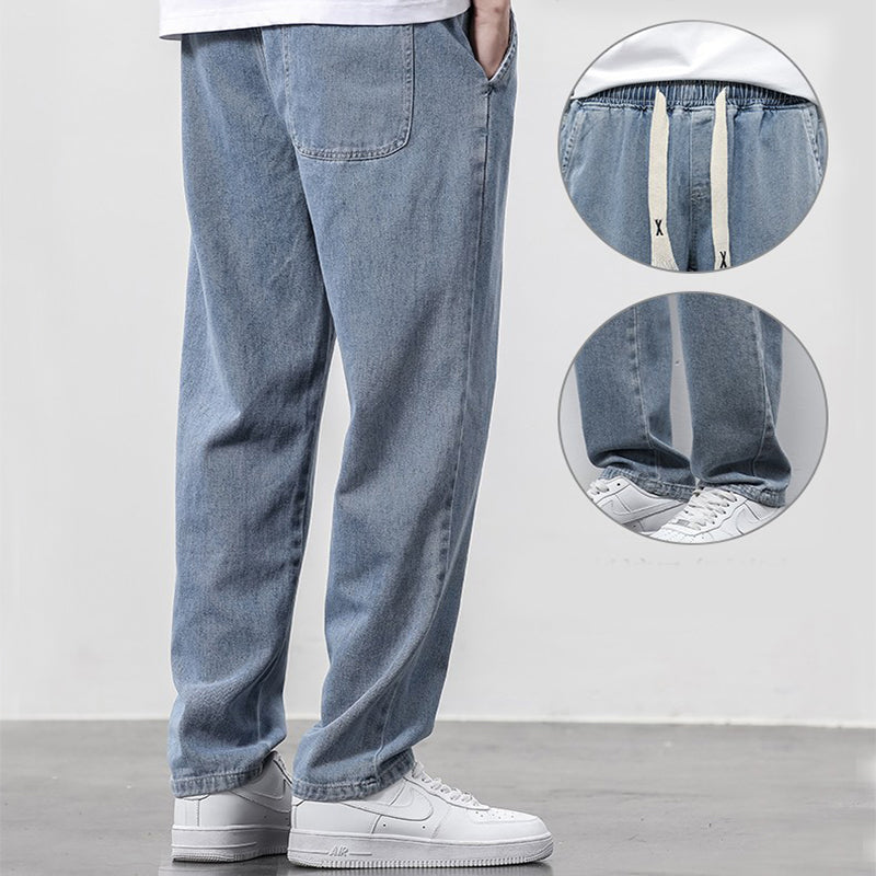 Summer Loose Wide Leg Jeans Pants for Men with Drawstring Waist showcasing relaxed fit and comfort.