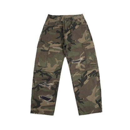 Patchwork Ripped Bootcut Camo Pants