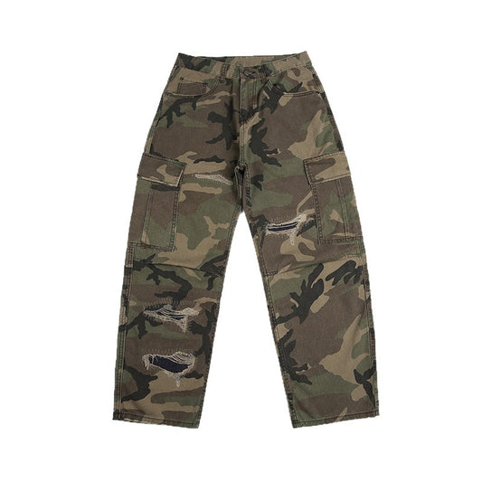 Patchwork Ripped Bootcut Camo Pants