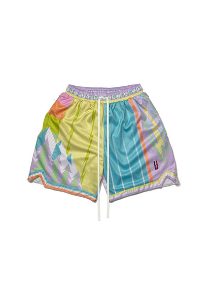 Model wearing printed mesh casual shorts in a relaxed streetwear style from Novien Apparel