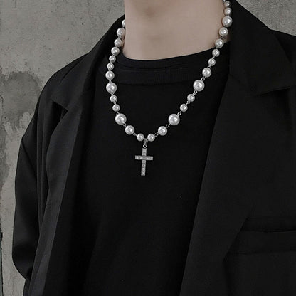 Diamond Cross Pearl Pendant