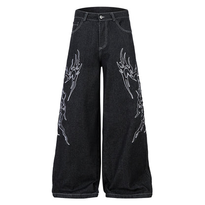 Embroidered Wide-Leg Denim Pants