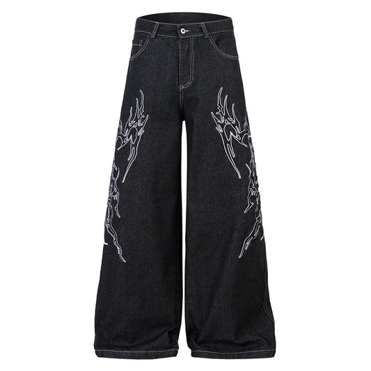 Embroidered Wide-Leg Denim Pants