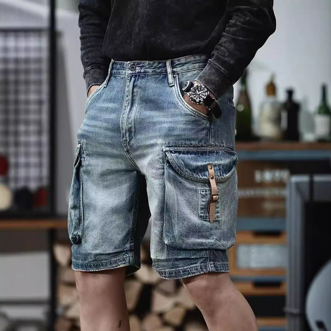Blue Denim Shorts Men's American High Street front view