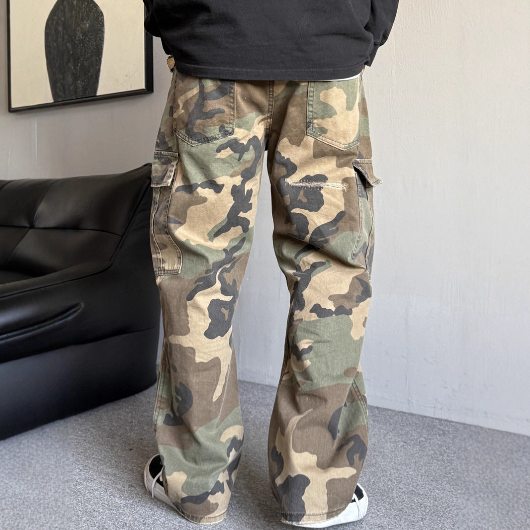 Patchwork Ripped Bootcut Camo Pants