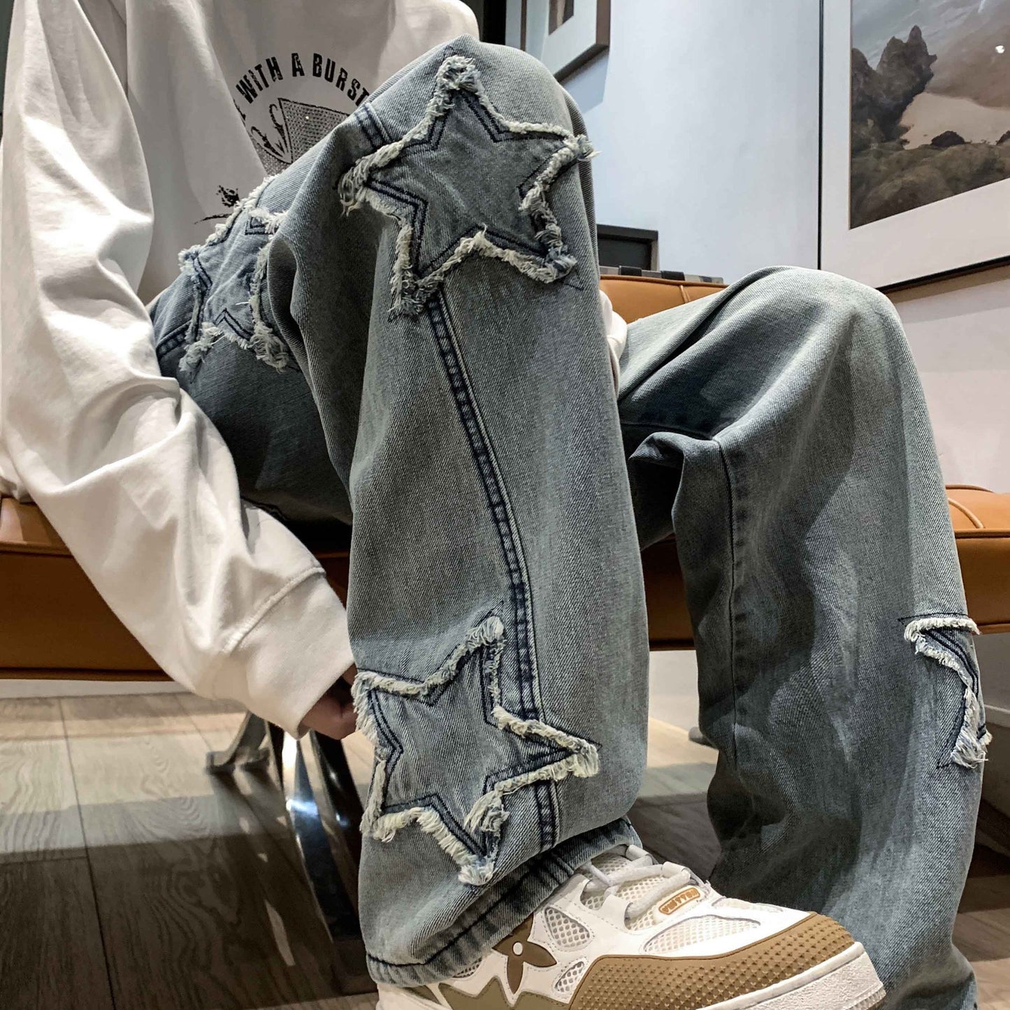 Embroided Star Straight Cut Jeans