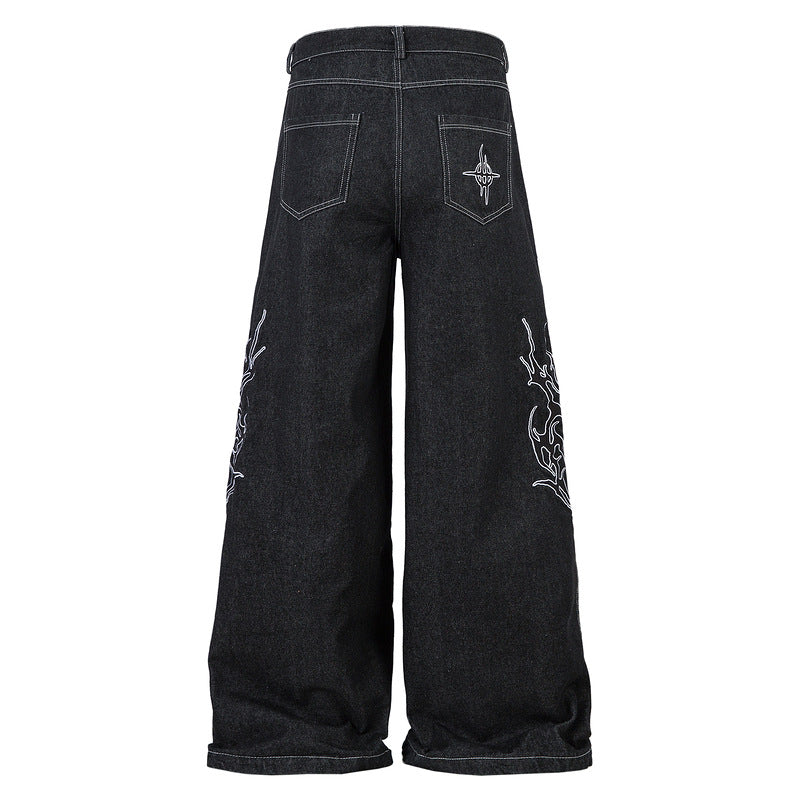 Embroidered Wide-Leg Denim Pants