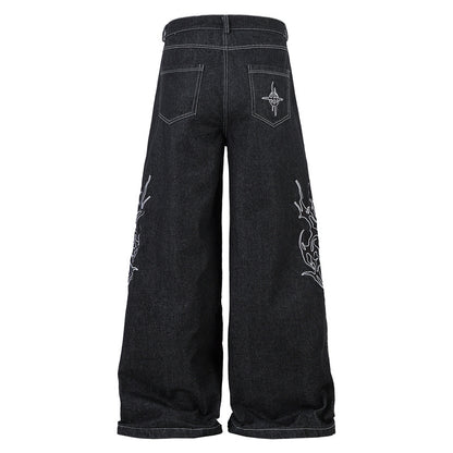 Embroidered Wide-Leg Denim Pants