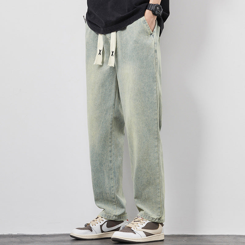 Summer Loose Wide Leg Jeans Pants for Men with Drawstring Waist in a relaxed fit, perfect for casual summer wear.