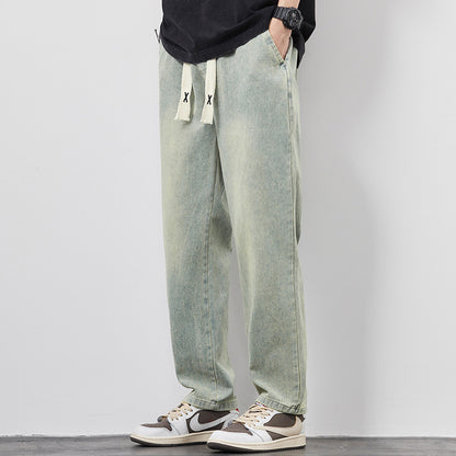 Summer Loose Wide Leg Jeans Pants for Men with Drawstring Waist in a relaxed fit, perfect for casual summer wear.