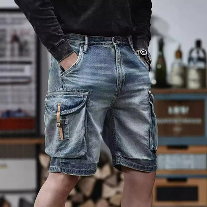 Blue Denim Shorts Men's American High Street front view