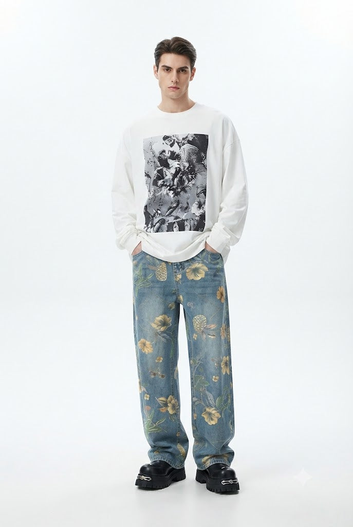 Wide-Leg Washed Jeans Straight Pants