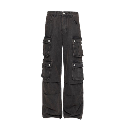 Retro Washed Wide Leg Cargo Jeans