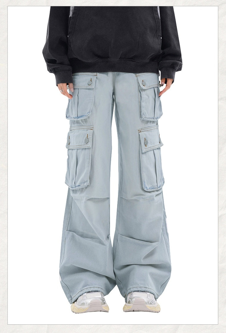 Retro Washed Wide Leg Cargo Jeans