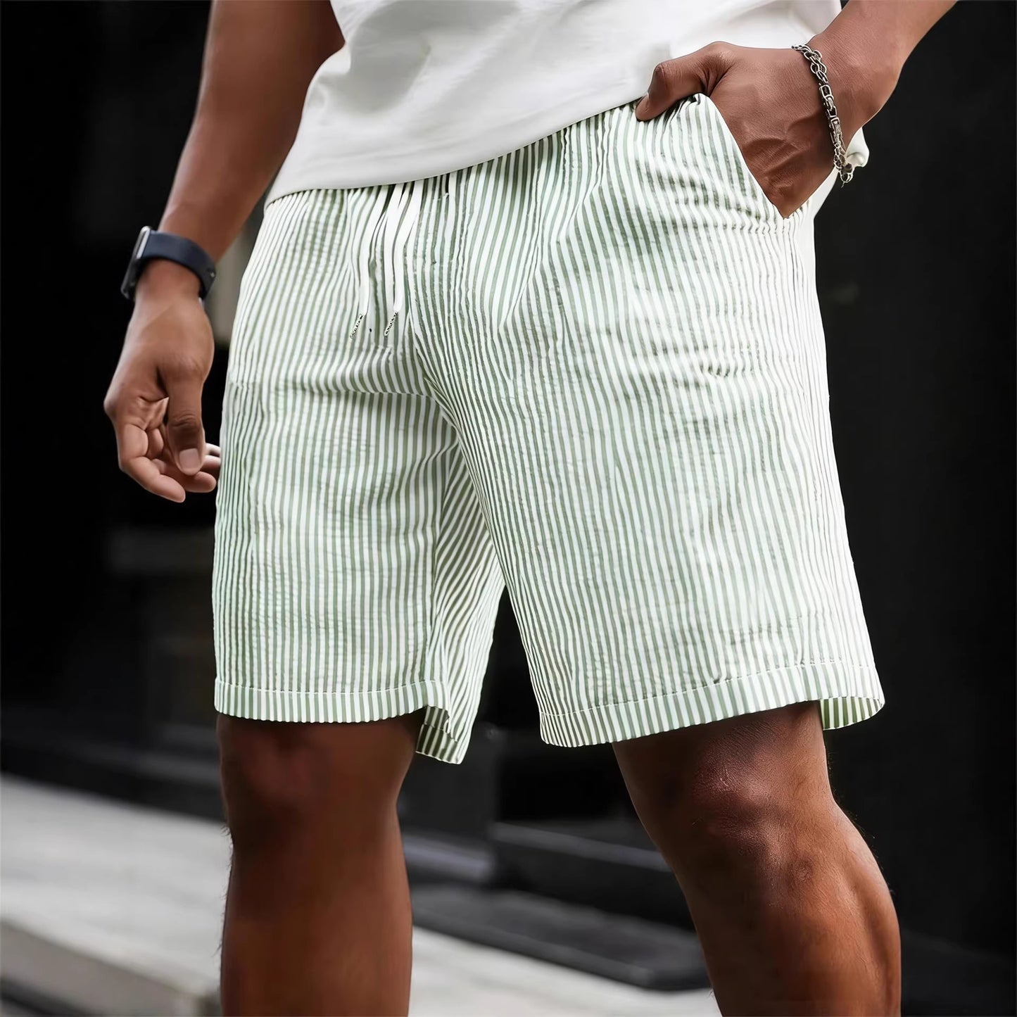 Striped Lace-up Sweatpants Minimalist Cropped Shorts front view