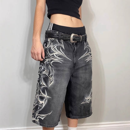 Retro Gothic Printed Denim Shorts