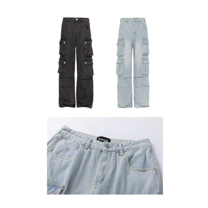Retro Washed Wide Leg Cargo Jeans