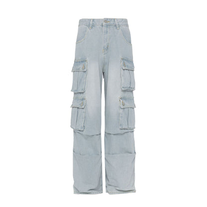 Retro Washed Wide Leg Cargo Jeans