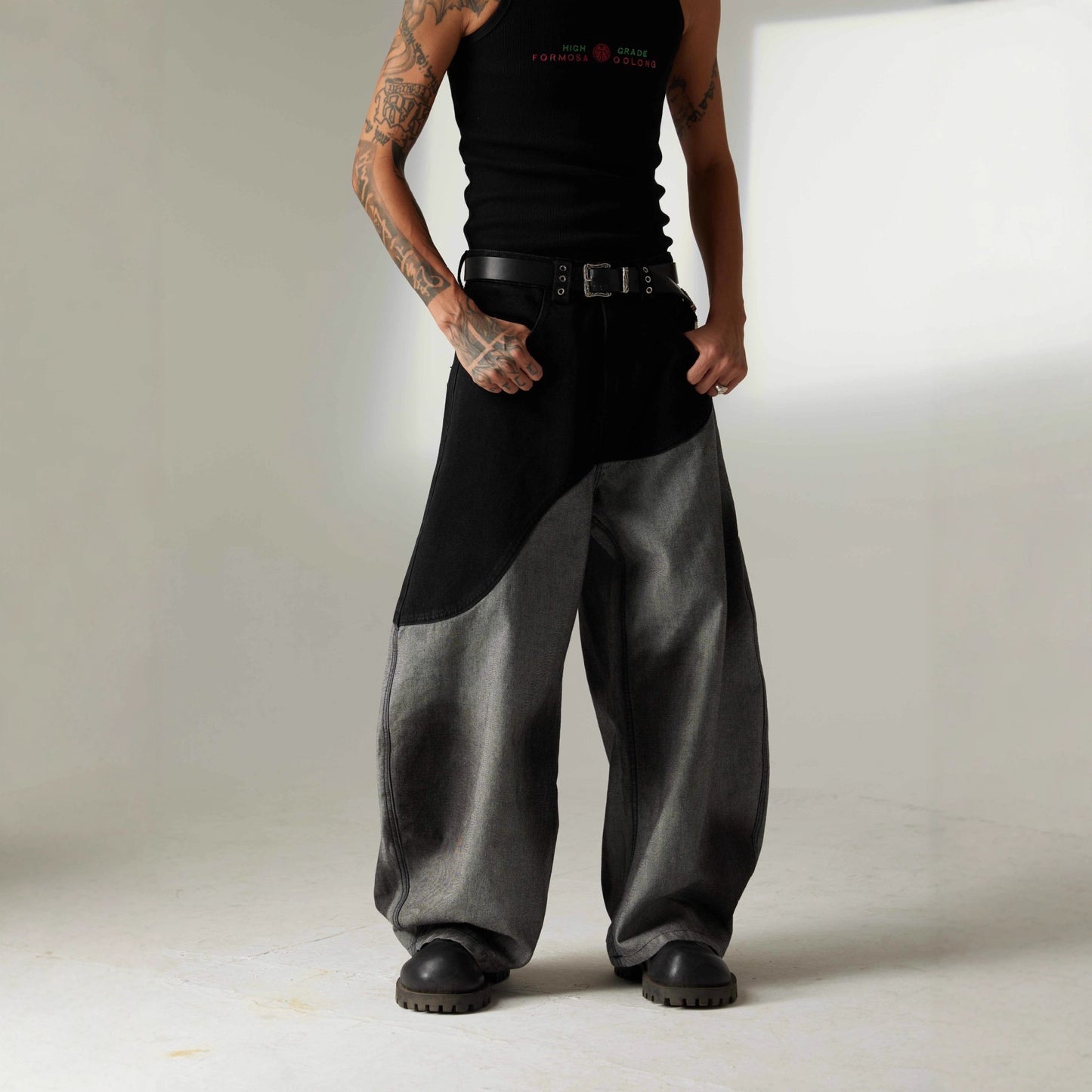 Washed Patchwork Denim Jeans