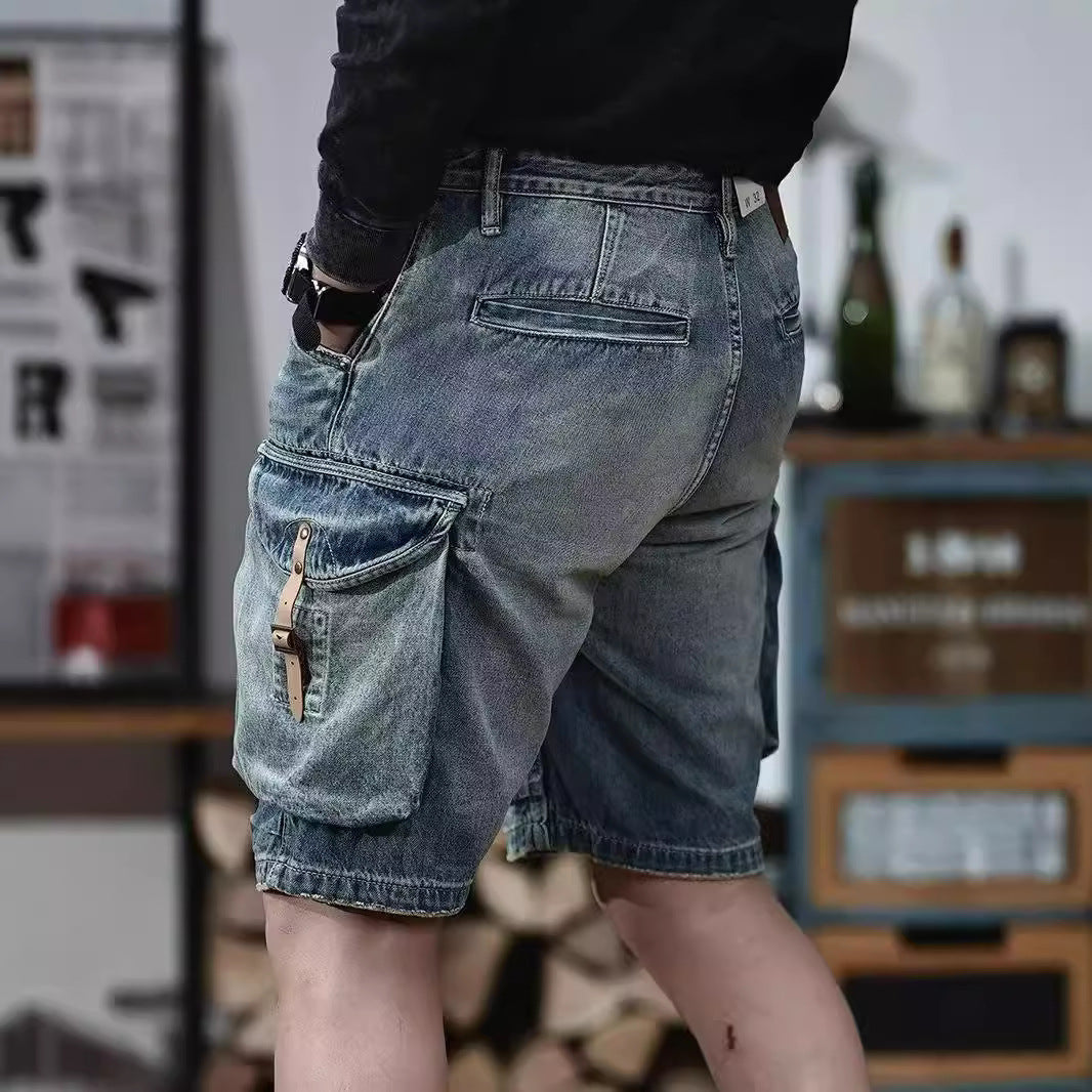 Blue Denim Shorts Men's American High Street front view
