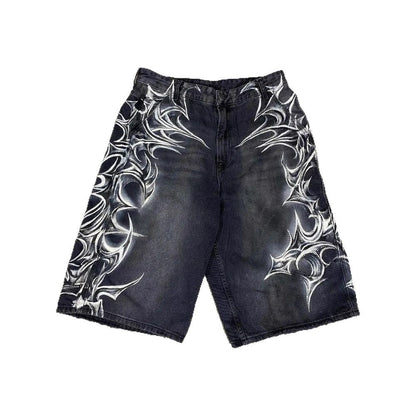 Retro Gothic Printed Denim Shorts