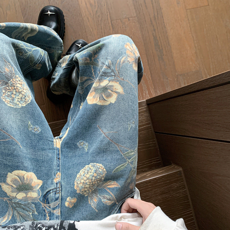Men's Printed Floral Wide-Leg Washed Jeans Straight Pants with Vintage Denim Finish