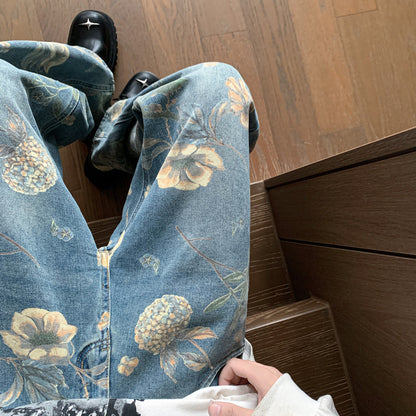 Men's Printed Floral Wide-Leg Washed Jeans Straight Pants with Vintage Denim Finish