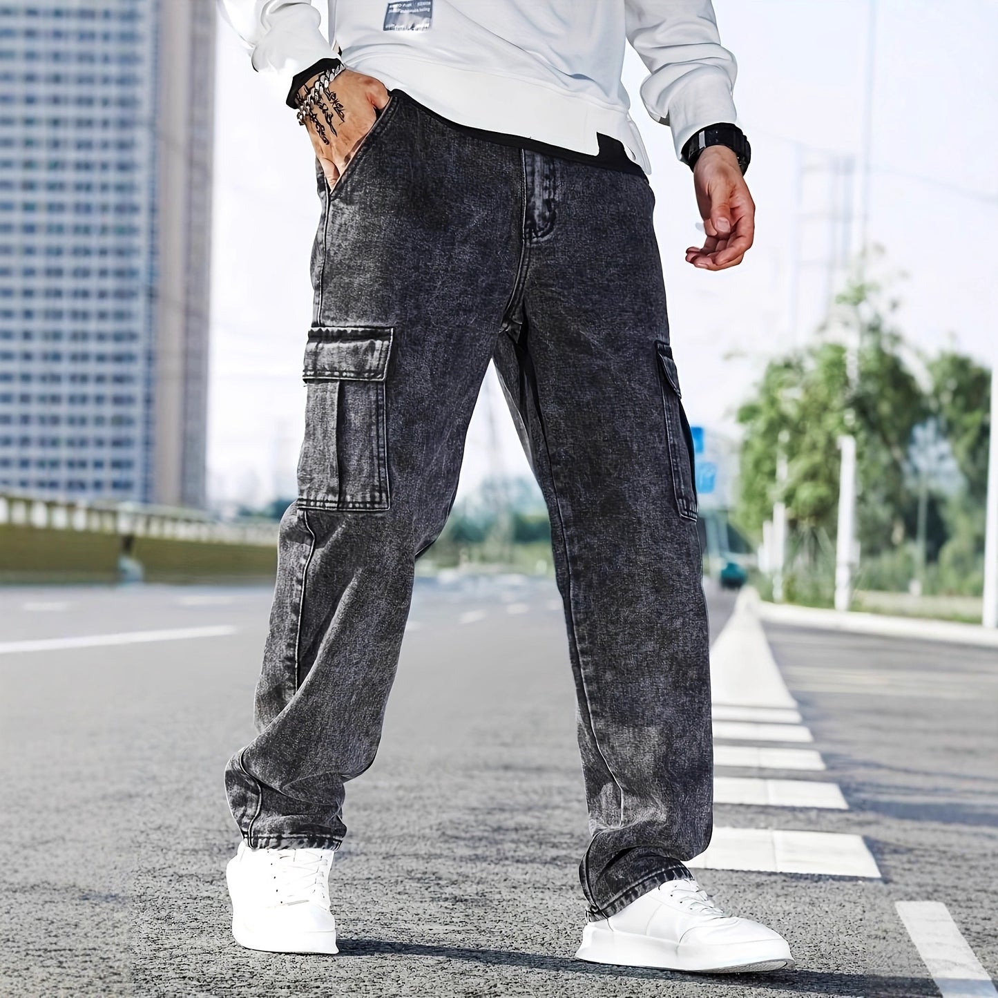 Washed Utility Cargo Jeans
