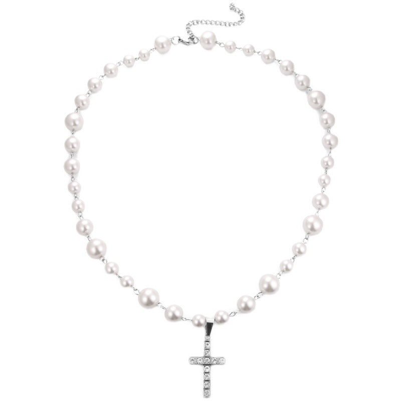 Diamond Cross Pearl Pendant