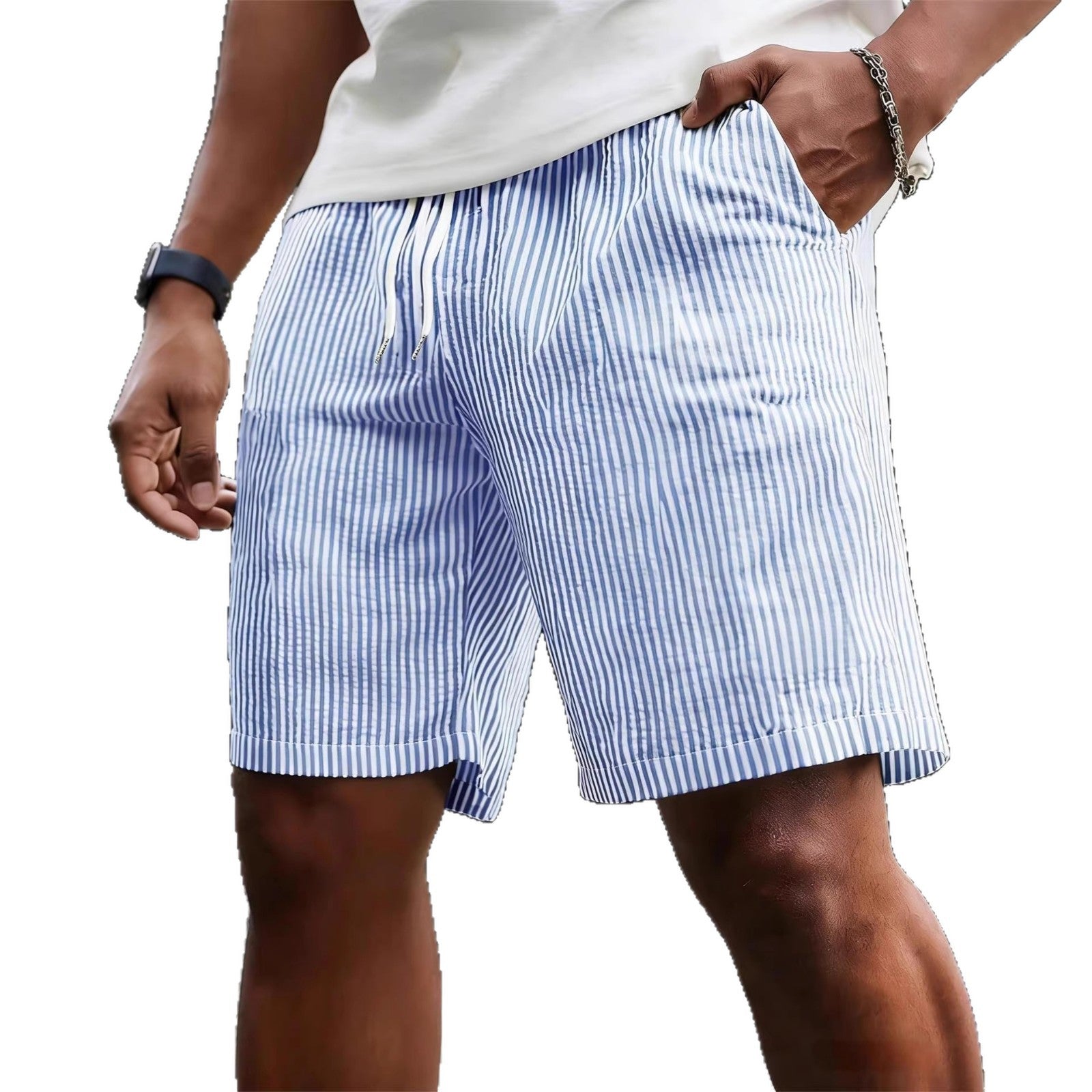 Striped Lace-up Sweatpants Minimalist Cropped Shorts front view