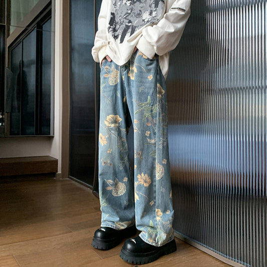 Men's Printed Floral Wide-Leg Washed Jeans Straight Pants with Vintage Denim Finish
