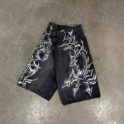 Retro Gothic Printed Denim Shorts