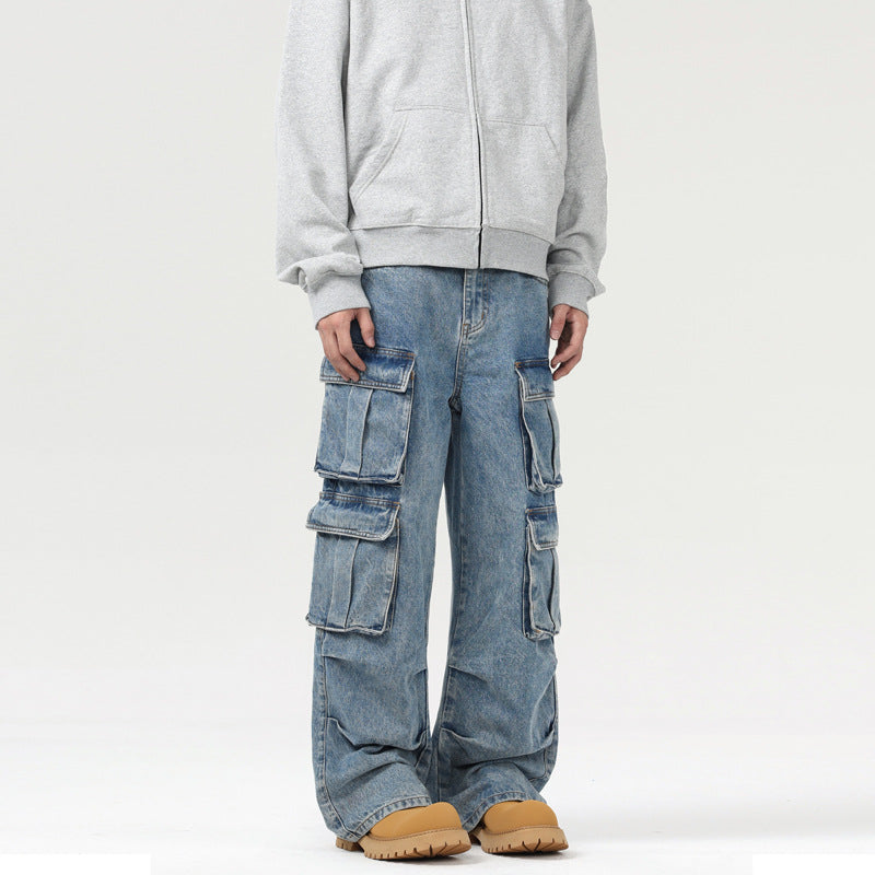 Retro Washed Multi-Pocket Cargo Jeans