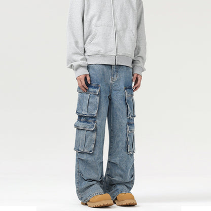 Retro Washed Multi-Pocket Cargo Jeans