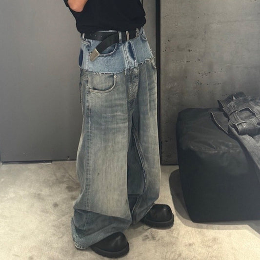 Distressed Long Pants Unisex Patchwork Jeans displayed with a stylish outfit, featuring a unique denim design.