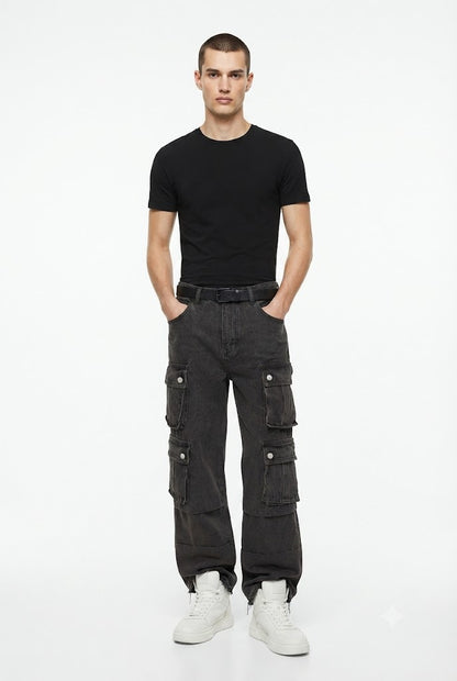 Retro Washed Wide Leg Cargo Jeans