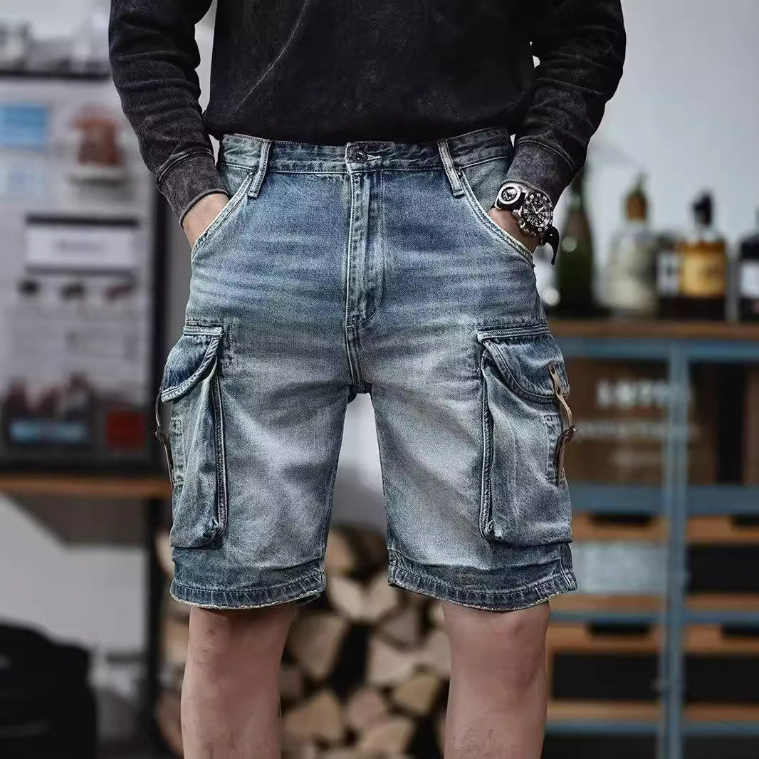 Blue Denim Shorts Men's American High Street front view